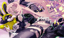  1girl amillion_(zenless_zone_zero) bangboo_(zenless_zone_zero) black_ribbon breasts commentary_request crop_top green_eyes hair_ornament hair_ribbon hairclip highres hug large_breasts long_hair looking_at_viewer nicole_demara pink_hair ribbon roncele thigh-highs thighs two_side_up zenless_zone_zero 