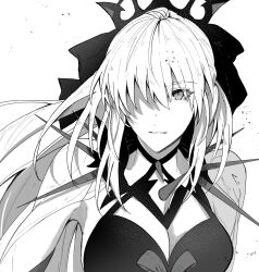  1girl black_bow black_tiara bow braid fate/grand_order fate_(series) hair_between_eyes hair_bow half_up_braid highres long_hair monochrome morgan_le_fay_(fate) morgan_le_fay_(third_ascension)_(fate) ponytail shusun_sun simple_background solo spikes tiara very_long_hair white_background white_hair 
