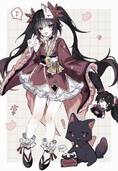  ! 1girl :d animalization black_hair black_shoes brown_background cat doll full_body grid_background highres holding holding_doll honkai:_star_rail honkai_(series) hyb_muyuu japanese_clothes kimono long_hair long_sleeves mark_under_both_eyes musical_note open_mouth paw_print person_and_animalization push-button red_eyes red_kimono shoes smile socks sparkle_(doll)_(honkai:_star_rail) sparkle_(honkai:_star_rail) spoken_musical_note twintails w white_socks wide_sleeves 