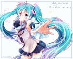  1girl 2013 aqua_eyes aqua_hair character_name dated detached_sleeves hatsune_miku headset long_hair looking_at_viewer necktie noki_(potekoro) outstretched_arms skirt smile solo spread_arms thigh-highs twintails very_long_hair vocaloid 
