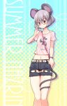  1girl alternate_costume animal_ears belt bespectacled character_name disney dra glasses jewelry mickey_mouse midriff mouse_ears mouse_tail navel nazrin pendant red-framed_glasses red_eyes short_hair shorts silver_hair smile solo tail touhou 