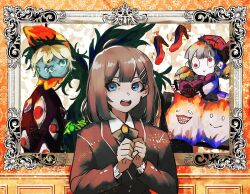  1girl ahoge blue_eyes border bow bowtie brown_coat brown_hair coat collared_shirt dream_of_a_black_swan green_bow green_bowtie hair_ornament hairclip highres hod_(project_moon) laetitia_(project_moon) library_of_ruina long_sleeves looking_at_viewer nakame77 open_mouth orange_border picture_frame project_moon shirt simple_background solo spider_bud the_red_shoes_(project_moon) today&#039;s_shy_look upper_body white_shirt 