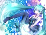  1girl aqua_eyes aqua_hair boots detached_sleeves hatsune_miku headphones long_hair necktie open_mouth panties skirt solo striped striped_panties thigh_boots thighhighs twintails underwear very_long_hair vocaloid 
