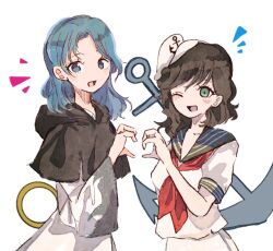  2girls anchor anchor_symbol black_hair black_hood blue_eyes blue_hair collared_shirt dress green_eyes hat heart heart_hands hood hood_down jewelry kumoi_ichirin long_sleeves looking_at_viewer mitsusame multiple_girls murasa_minamitsu neckerchief one_eye_closed red_neckerchief ring shirt short_sleeves simple_background touhou upper_body white_background white_dress white_hat white_shirt yuri 