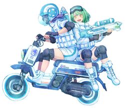  2girls black_gloves driving elbow_gloves elbow_pads fingerless_gloves gloves goggles goggles_on_head green_hair helmet knee_pads motor_vehicle motorcycle motorcycle_helmet multiple_girls open_mouth original smile terajin vehicle water_gun yellow_eyes 