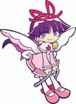  1girl blue_eyes dress feli hairband long_hair mary_janes official_art pantyhose pink_dress purple_hair puyopuyo puyopuyo_fever shoes smile solo takenami_hideyuki white_background white_feli white_legwear wings 