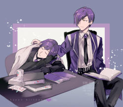  2boys armband black_gloves black_jacket black_necktie book closed_mouth coat coffee_mug collared_shirt cup gloves happy_birthday jacket ko_bammm library_of_ruina lobotomy_corporation long_sleeves looking_at_another male_focus mug multiple_boys necktie project_moon purple_armband purple_background purple_brooch purple_coat purple_hair purple_necktie shirt short_hair simple_background sitting sleeping sweater_under_shirt upper_body white_shirt yellow_eyes yesod_(project_moon) 