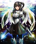  1girl armor black_hair blue_eyes breasts choker dual_wielding feathers jewelry kazaana lips long_hair original pantyhose pendant ponytail solo sword weapon wings 