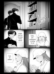  63roku63 alternate_universe black_hair bookshelf buck_teeth character_request chrollo_lucilfer greyscale highres hunter_x_hunter male_focus monochrome priest smile speech_bubble teeth upper_body wet wet_clothes 