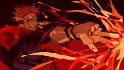  1boy burning extra_eyes facial_mark fire from_behind gesture_request glaring highres hood hood_down imminent_attack jujutsu_kaisen jujutsu_tech_uniform looking_back male_focus miilkk0 painterly pink_hair red_eyes red_hood ryoumen_sukuna_(jujutsu_kaisen) serious short_hair sideburns solo spiky_hair two-tone_hoodie upper_body 