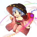  1girl blue_hair bowl from_above hat japanese_clothes kimono needle off_shoulder open_mouth smile sukuna_shinmyoumaru touhou wide_sleeves yellow_eyes yunorun 