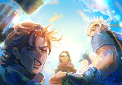  1girl 2boys battle_tendency black_hair blonde_hair blue_gloves brown_hair caesar_anthonio_zeppeli cheek_press clenched_teeth commentary_request facial_mark feather_hair_ornament feathers fingerless_gloves gloves green_eyes green_scarf hair_ornament hakumai960dk headband highres jojo_no_kimyou_na_bouken joseph_joestar joseph_joestar_(young) long_hair male_focus mother_and_son multiple_boys one_eye_closed open_mouth red_scarf scarf short_hair short_sleeves sky solo_focus striped_clothes striped_scarf sun sunglasses teeth triangle_print waving yellow_headband 