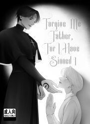  2boys 63roku63 alternate_universe black_hair black_robe chrollo_lucilfer clerical_collar facial_mark forehead_mark greyscale highres hunter_x_hunter kurapika male_focus monochrome multiple_boys priest robe 