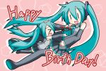  &gt;_&lt; 2girls aqua_hair bare_shoulders black_legwear boots box chibi_miku closed_eyes detached_sleeves gift gift_box hair_ornament hand_on_head happy_birthday hatsune_miku headset long_hair long_sleeves minami_(colorful_palette) mother_and_daughter multiple_girls necktie open_mouth outstretched_arms shirt skirt smile thigh_boots thighhighs twintails very_long_hair vocaloid wide_sleeves zettai_ryouiki |_| 