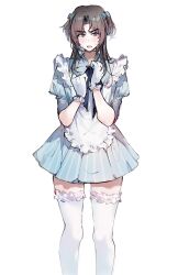  1boy ayase_ayato_(imamiya_pinoko) black_hair brown_hair crossdressing crossdressing_(mtf) gloves highres imamiya_pinoko long_hair original thick_eyebrows thigh-highs trap two_side_up violet_eyes white_background white_gloves white_thighhighs 