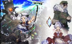  1girl 2boys android apron ascot beard belt black_boots black_dress black_thighhighs blue_sky boots braid braided_beard broom brown_belt brown_gloves brown_jacket building buttons charlotte&#039;s_father_(charlotte_the_harlot) charlotte_(charlotte_the_harlot) charlotte_the_harlot city closed_mouth clouds coat collared_dress commentary_request crown_braid crystal double-breasted dress edward_(charlotte_the_harlot) eyepatch facial_hair father_and_daughter frilled_apron frills fur-trimmed_coat fur_trim gloves green_coat green_eyes green_hat grey_hair hair_intakes hands_up hat humanoid_robot industrial_pipe interlocked_fingers jacket long_dress midair multiple_boys multiple_views mustache narita_imomushi official_art old old_man open_mouth outdoors outstretched_arm own_hands_clasped own_hands_together pants peaked_cap reaching red_dress ribbed_thighhighs robot robot_ears short_hair sidelocks simple_bird sky thigh-highs thigh_strap white_apron white_ascot white_gloves white_hair white_pants wrist_cuffs 