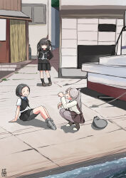  3girls absurdres asashimo_(kancolle) bike_shorts_under_skirt black_hair black_serafuku brown_dress cat commentary_request dock dress grey_hair grey_pantyhose highres kantai_collection kuroshio_(kancolle) mikazuki_(kancolle) multiple_girls pantyhose ponytail school_uniform serafuku ship toplow water watercraft 