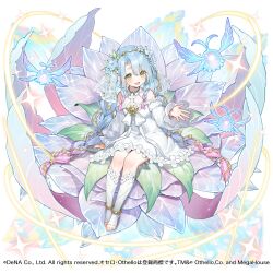  1girl :d blue_hair breasts character_request check_hairstyle commentary_request copyright_request dress eyes_visible_through_hair flower-trimmed_dress full_body gradient_hair green_eyes highres kneehighs light_blush long_sleeves multicolored_hair no_shoes open_mouth purple_hair quad_braids ribbon short_dress sitting small_breasts smile socks solo tauta_(meshia8787) toeless_socks white_dress white_ribbon white_socks 