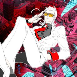  city falling hair_slicked_back hand_in_pocket highres mullet necktie red_necktie smug suit tinted_eyewear to_be_hero to_be_hero_x tongsev vest white_suit white_vest x_(to_be_hero_x) x_ornament yellow-tinted_eyewear 