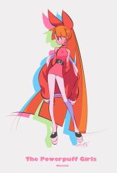  1girl black_shoes blossom_(ppg) bow character_name copyright_name dress full_body hair_bow highres jacket long_hair looking_to_the_side orange_hair pantyhose pink_dress powerpuff_girls red_bow red_jacket sameyama_jiro shoes solo very_long_hair white_pantyhose 