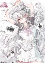  1girl absurdres ace_(playing_card) ace_of_spades animal_ears apron arms_up bow card cat_tail eyes_visible_through_hair hair_over_one_eye highres komi_eshi long_hair looking_at_viewer lying maid maid_headdress on_back original playing_card red_eyes shirt short_sleeves solo spade_(shape) tail very_long_hair white_hair 