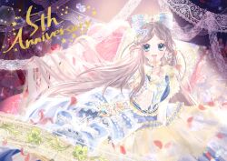  1girl absurdres anniversary aqua_eyes blue_bow blue_dress bow brown_hair character_request check_character colored_eyelashes curtains detached_sleeves dress feet_out_of_frame finger_to_mouth flower_button gown grey_bow hair_bow hair_flowing_over hair_ornament hand_on_lap happy heart heart_hair_ornament highres ichi_kotoko lace lace_sleeves long_dress long_hair long_sleeves looking_at_viewer miracle_nikki nikki_(series) open_mouth petals puffy_short_sleeves puffy_sleeves short_sleeves smile solo sparkle spotlight star_(symbol) stylist_(nikki) tareme teeth third-party_source two-tone_dress upper_teeth_only very_long_hair white_sleeves wrist_bow wrist_cuffs yellow_dress yellow_wrist_cuffs 