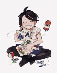  1girl 2enn3n ahoge black_pantyhose blush braid character_print closed_eyes collared_shirt drawing_(object) facing_viewer grin highres holding juliana_(pokemon) motion_lines necktie pantyhose poke_ball poke_ball_(basic) pokemon pokemon_sv purple_necktie purple_shorts rotom rotom_phone shirt short_sleeves shorts sitting smile teeth white_background white_shirt 