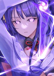  1girl absurdres arm_up armor back_bow blunt_bangs bow bridal_gauntlets close-up commentary_request electricity genshin_impact glowing glowing_eyes glowing_sword glowing_weapon hair_ornament head_tilt highres holding holding_sword holding_weapon human_scabbard japanese_clothes katana kimono long_hair long_sleeves looking_at_viewer mitsudomoe_(shape) mole mole_under_eye musou_isshin_(genshin_impact) neck_ribbon off_shoulder parted_lips pink_lips purple_hair purple_kimono purple_sash raiden_shogun red_ribbon ribbon sash shoulder_armor solo sword tamakage_(zeeh7854) teeth tomoe_(symbol) upper_body violet_eyes weapon wide_sleeves 