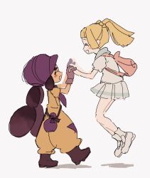  2enn3n 2girls :d blonde_hair blush_stickers bonnet boots closed_eyes commentary_request eyelashes from_side gloves happy hapu_(pokemon) highres holding_hands jumpsuit lillie_(pokemon) long_hair multiple_girls open_mouth pink_bag pleated_skirt pokemon pokemon_sm ponytail shirt shoes short_sleeves skirt smile socks white_background white_shirt white_shoes white_skirt white_socks 