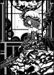  1girl acryl dress frills from_behind full_moon hat hat_ribbon looking_at_viewer monochrome moon remilia_scarlet ribbon spear_the_gungnir touhou wings 