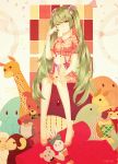  1girl green_eyes green_hair hatsune_miku long_hair persona92 sitting smile solo stuffed_animal stuffed_toy twintails very_long_hair vocaloid wink 