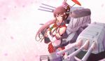  1girl bare_shoulders brown_hair cannon detached_sleeves flower hair_flower hair_ornament kantai_collection looking_at_viewer murakumo1987 ponytail red_eyes skirt smile solo umbrella yamato_(kantai_collection) 