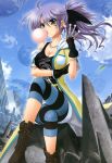  1girl absurdres ahoge boots breasts bubblegum casual character_request cleavage crossed_legs fingerless_gloves gloves green_eyes highres knife lyrical_nanoha mahou_senki_lyrical_nanoha_force moon nyantype official_art ponytail purple_hair ruins shorts sitting sky solo striped striped_shorts weapon 