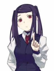 1girl asakiri_koko blue_vest blush collared_shirt commentary_request frown highres index_finger_raised jill_stingray long_hair long_sleeves looking_at_viewer necktie purple_hair red_eyes red_necktie shirt sidelocks simple_background solo swept_bangs twintails upper_body va-11_hall-a vest white_background white_shirt 