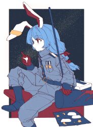  1girl absurdres animal_ears belt blue_belt blue_boots blue_hair blue_jacket blue_pants boots border buttons cindy717 commentary_request crescent_print eating epaulettes food foot_out_of_frame from_side gloves highres holding holding_food jacket kine knee_up long_hair lunchbox mallet medal milky_way mochi napkin pants profile rabbit_ears rabbit_girl red_eyes red_gloves seiran_(touhou) sitting sky solo splatter star_(sky) star_(symbol) star_print starry_sky touhou twintails white_border 