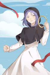  1girl absurdres black_hood blue_eyes blue_hair blue_sky clenched_hand clouds cowboy_shot dress grin highres holding holding_jewelry holding_ring jewelry kumoi_ichirin long_sleeves looking_to_the_side medium_hair ribbon ring sky smile solo thursyue touhou white_dress 
