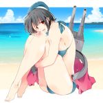  1girl barefoot beach bikini black_hair breasts fetal_position ginmona hat kantai_collection personification red_eyes short_hair solo swimsuit takao_(kantai_collection) 
