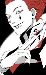  1boy 63roku63 blood card clown facepaint facial_mark hair_slicked_back highres hisoka_morow holding holding_card hunter_x_hunter joker_(playing_card) looking_at_viewer male_focus playing_card red_hair short_hair simple_background smile solo star_(symbol) star_facial_mark teardrop_facial_mark 