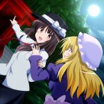  2girls blonde_hair brown_eyes brown_hair hat hat_ribbon kamelie maribel_hearn moonlight multiple_girls necktie pointing pulling ribbon torii touhou usami_renko yellow_background yellow_eyes 