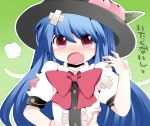 1girl bandages blue_hair blush bow commentary_request food fruit hammer_(sunset_beach) hand_on_hip hat hinanawi_tenshi looking_at_viewer open_mouth peach red_eyes solo tears torn_clothes touhou translated 
