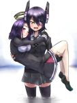  2girls blush carrying doyouwantto eyepatch fingerless_gloves gloves headgear hug kantai_collection multiple_girls open_mouth personification princess_carry purple_hair red_eyes short_hair smile tatsuta_(kantai_collection) tenryuu_(kantai_collection) thighhighs water wink 