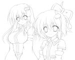  2girls bow breasts child detached_sleeves frog frog_hair_ornament hair_ornament highres impossible_clothes impossible_shirt kochiya_sanae large_breasts lineart long_hair midriff monochrome multiple_girls navel osashin_(osada) short_hair smile snake touhou 