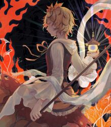  1girl animal_print back bishamonten&#039;s_pagoda black_background black_hair blonde_hair closed_mouth dress expressionless fire flower from_behind gensou_aporo highres holding holding_polearm holding_weapon long_sleeves looking_to_the_side lotus_hair_ornament multicolored_hair polearm red_dress shirt short_hair signature solo tiger_print toramaru_shou touhou two-tone_hair weapon white_shirt yellow_eyes 