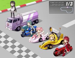  5girls akemi_homura argyle argyle_legwear armband black_hair blonde_hair blue_hair blush_stickers bow cannon cape car gloves hair_bow hair_ornament hairclip kaname_madoka long_hair magical_girl mahou_shoujo_madoka_magica mahou_shoujo_madoka_magica_movie miki_sayaka motor_vehicle motorcycle multiple_girls pantyhose pink_hair pocky ponytail racecar redhead sakura_kyouko shian_(my_lonly_life.) short_hair short_twintails soul_gem tomoe_mami truck twintails vehicle 