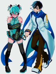  2boys 7eiaq3939 alien_stage aqua_hair aqua_shirt arm_tattoo black_boots black_hair black_pants black_shoes black_skirt boots coat collared_shirt cosplay detached_sleeves halter_shirt halterneck hatsune_miku hatsune_miku_(cosplay) highres ivan_(alien_stage) kaito kaito_(cosplay) kaito_(vocaloid) kaito_(vocaloid)_(cosplay) long_sleeves male_focus multiple_boys number_tattoo pants pleated_skirt shirt shoes short_hair skirt tattoo thigh_boots till_(alien_stage) trembling two_side_up very_short_hair vocaloid white_coat white_shoes 