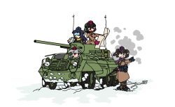  4girls armored_personnel_carrier armored_vehicle brown_coat cannon coat earmuffs flask goggles grey_hair greyscale gun gun_sling hat highres himekaidou_hatate holding holding_flask holding_map iizunamaru_megumu inubashiri_momiji jomun load_bearing_vest map medium_hair monochrome motor_vehicle multiple_girls rifle shameimaru_aya short_twintails snow tank_turret tokin_hat touhou twintails weapon wheel white_background 