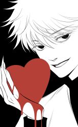  1boy 63roku63 blood highres holding hunter_x_hunter killua_zoldyck long_sleeves looking_at_viewer male_focus shirt short_hair simple_background smile solo white_hair white_shirt 