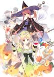  2girls atelier_(series) atelier_ayesha ayesha_altugle bell blonde_hair book bow brown_eyes creature dress flask flower food fruit hat highres jingle_bell long_hair multiple_girls ooba_kagerou payot redhead ribbon short_hair smile staff wilbell_voll=erslied witch_hat 