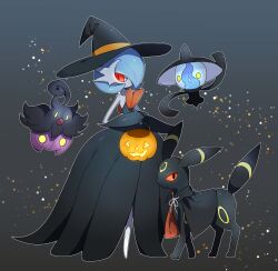  absurdres alternate_color black_cape black_dress black_fur black_gloves blue_hair bob_cut cape colored_skin dress elbow_gloves etchyu gardevoir ghost gloves gradient_background hair_over_one_eye halloween_bucket hat highres lampent mega_gardevoir mega_pokemon pokemon pokemon_(creature) pumpkaboo red_eyes shiny_pokemon strapless strapless_dress umbreon white_skin witch_hat yellow_eyes 