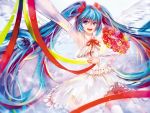  1girl aqua_eyes aqua_hair arm_up armpits bouquet detached_sleeves dress flower hatsune_miku highres long_hair open_mouth outstretched_arm ranyun solo thigh-highs twintails very_long_hair vocaloid wings 